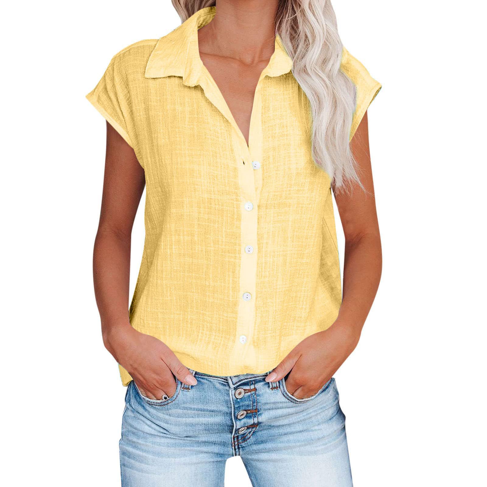 Linen Shirts for Women Cap Sleeve V Neck Collared Button Down Shirts Blouses Casual Loose Lightweight Summer Tops