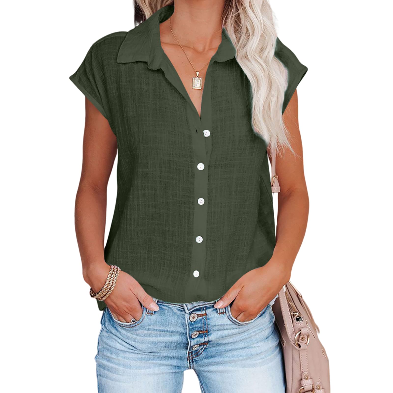 Linen Shirts for Women Cap Sleeve V Neck Collared Button Down Shirts Blouses Casual Loose Lightweight Summer Tops
