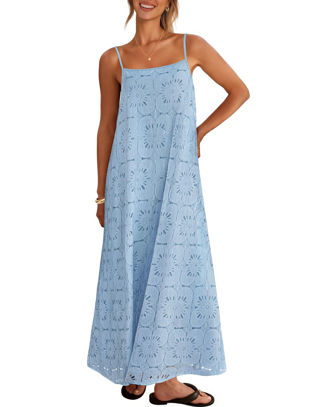 MEROKEETY Women's Summer Spaghetti Straps Sundress 2026 Casual Sleeveless Floral Lace Eyelet Boho Beach Maxi Dress