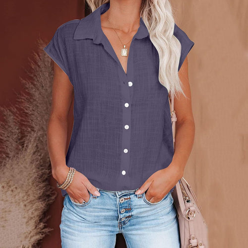 Linen Shirts for Women Cap Sleeve V Neck Collared Button Down Shirts Blouses Casual Loose Lightweight Summer Tops