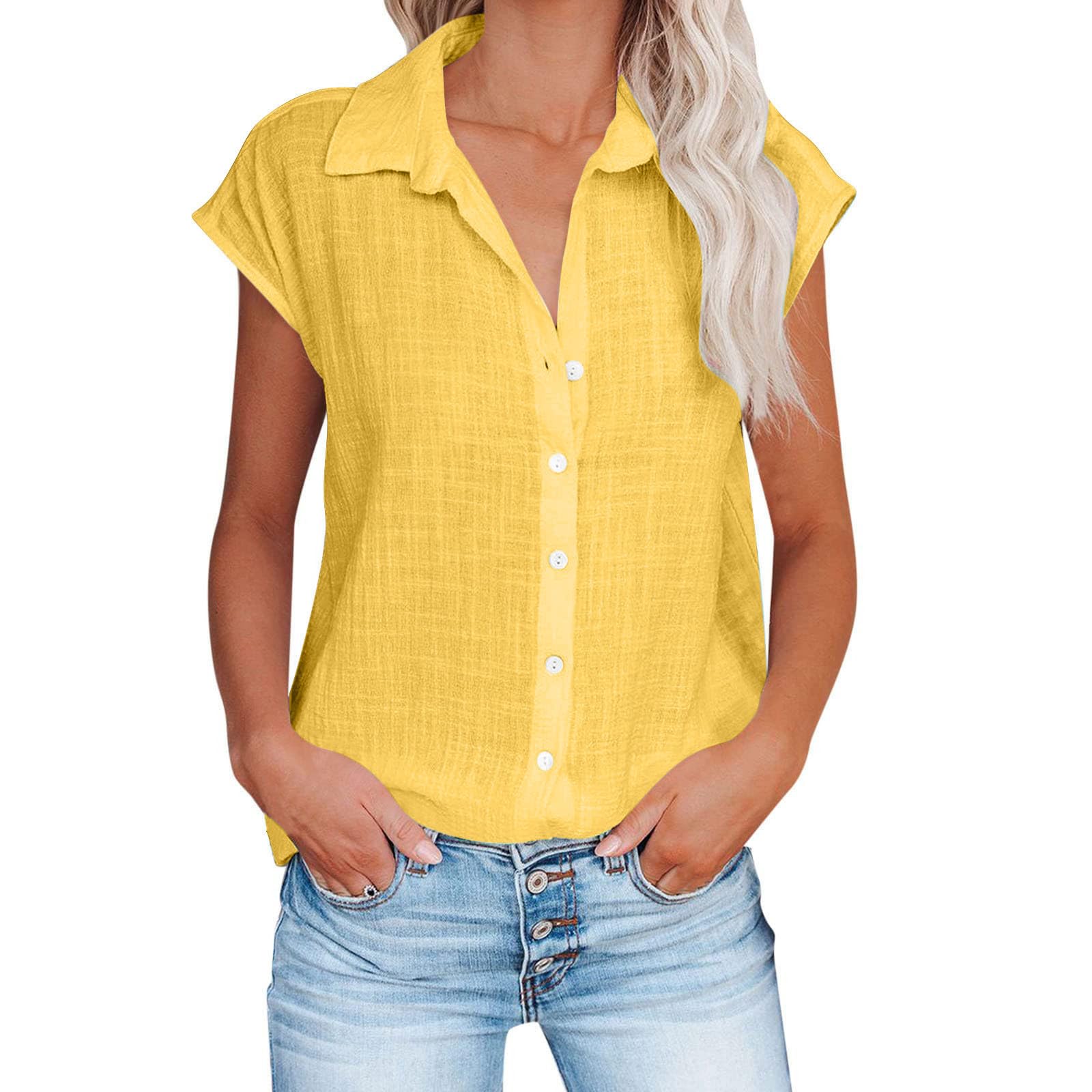 Linen Shirts for Women Cap Sleeve V Neck Collared Button Down Shirts Blouses Casual Loose Lightweight Summer Tops