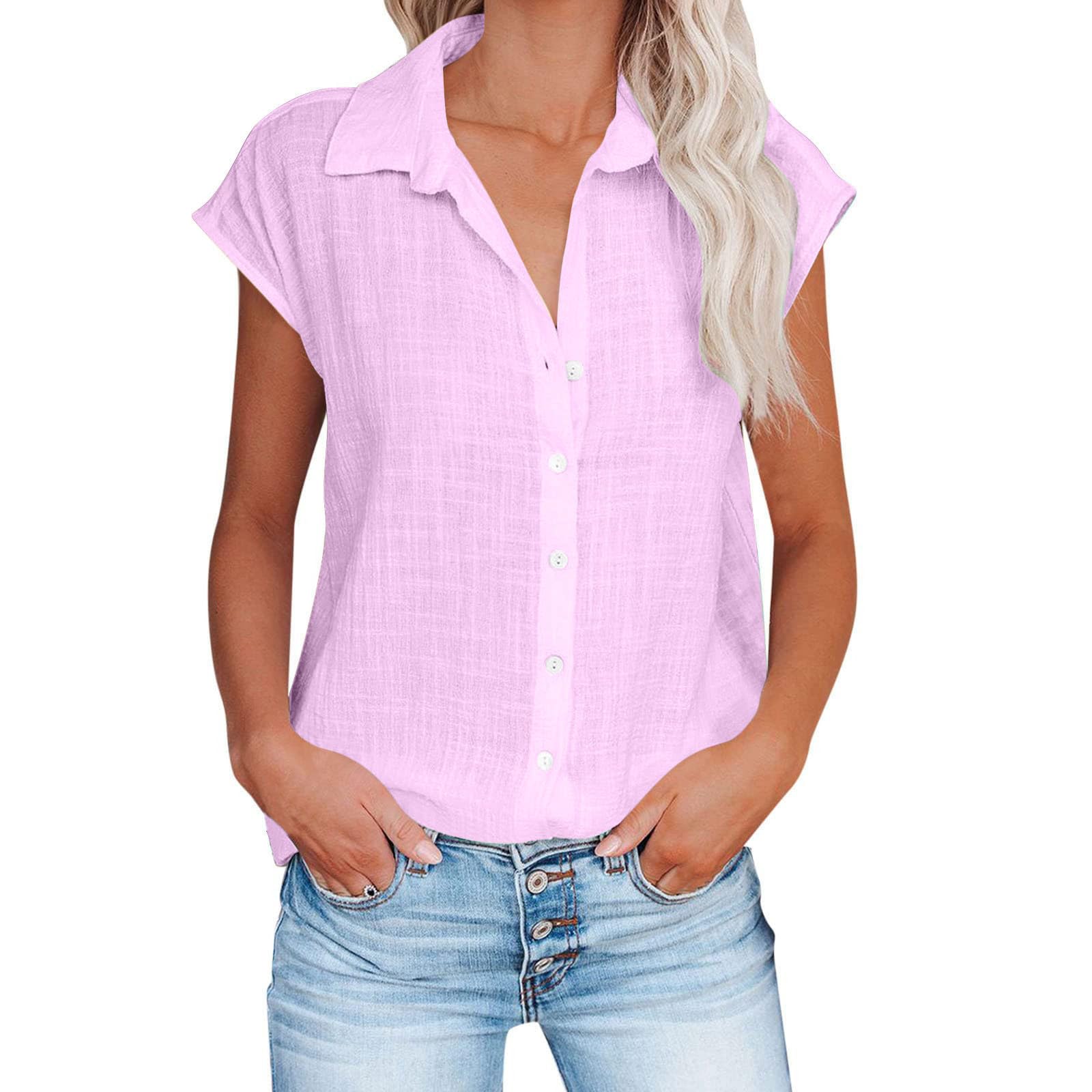 Linen Shirts for Women Cap Sleeve V Neck Collared Button Down Shirts Blouses Casual Loose Lightweight Summer Tops