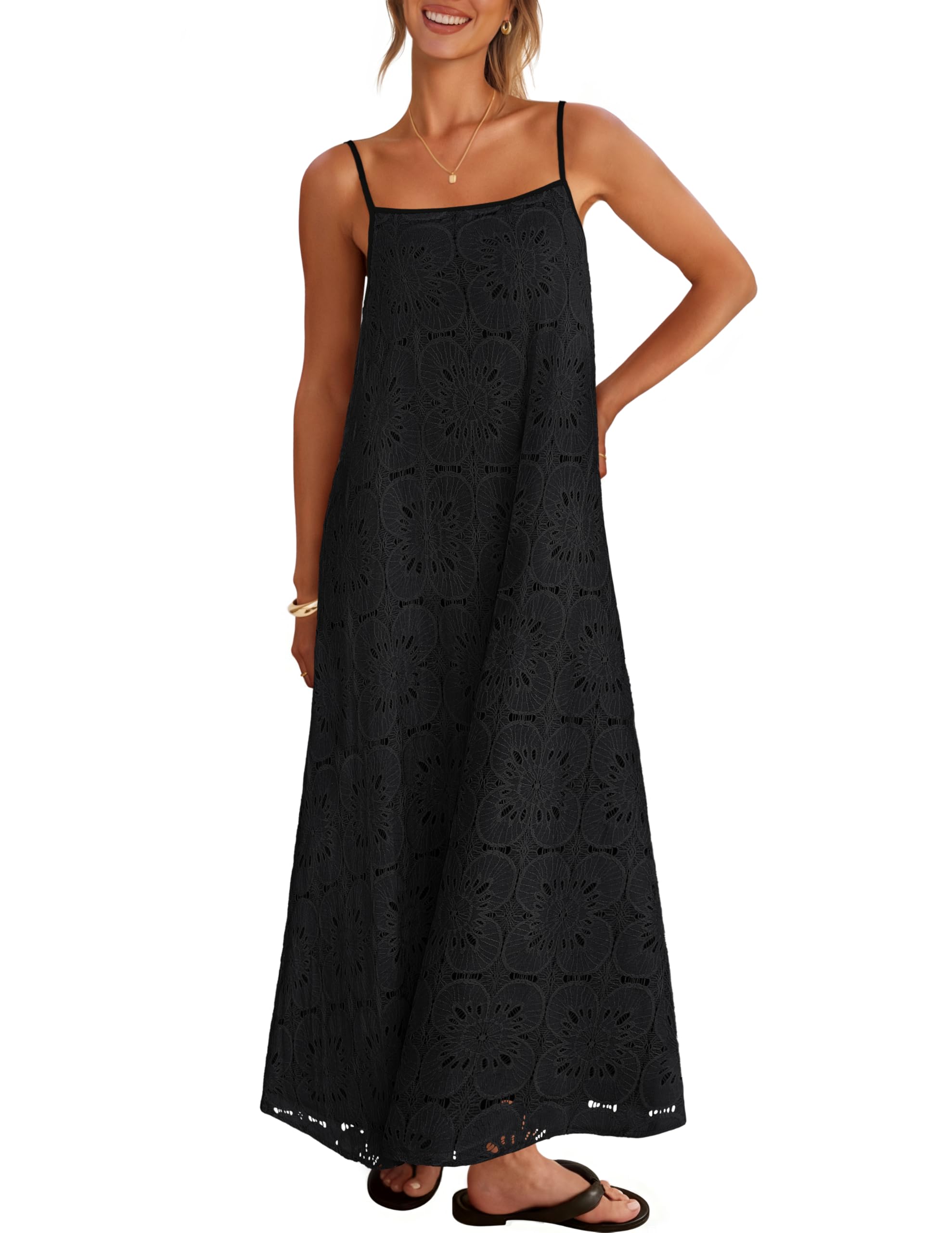 MEROKEETY Women's Summer Spaghetti Straps Sundress 2026 Casual Sleeveless Floral Lace Eyelet Boho Beach Maxi Dress