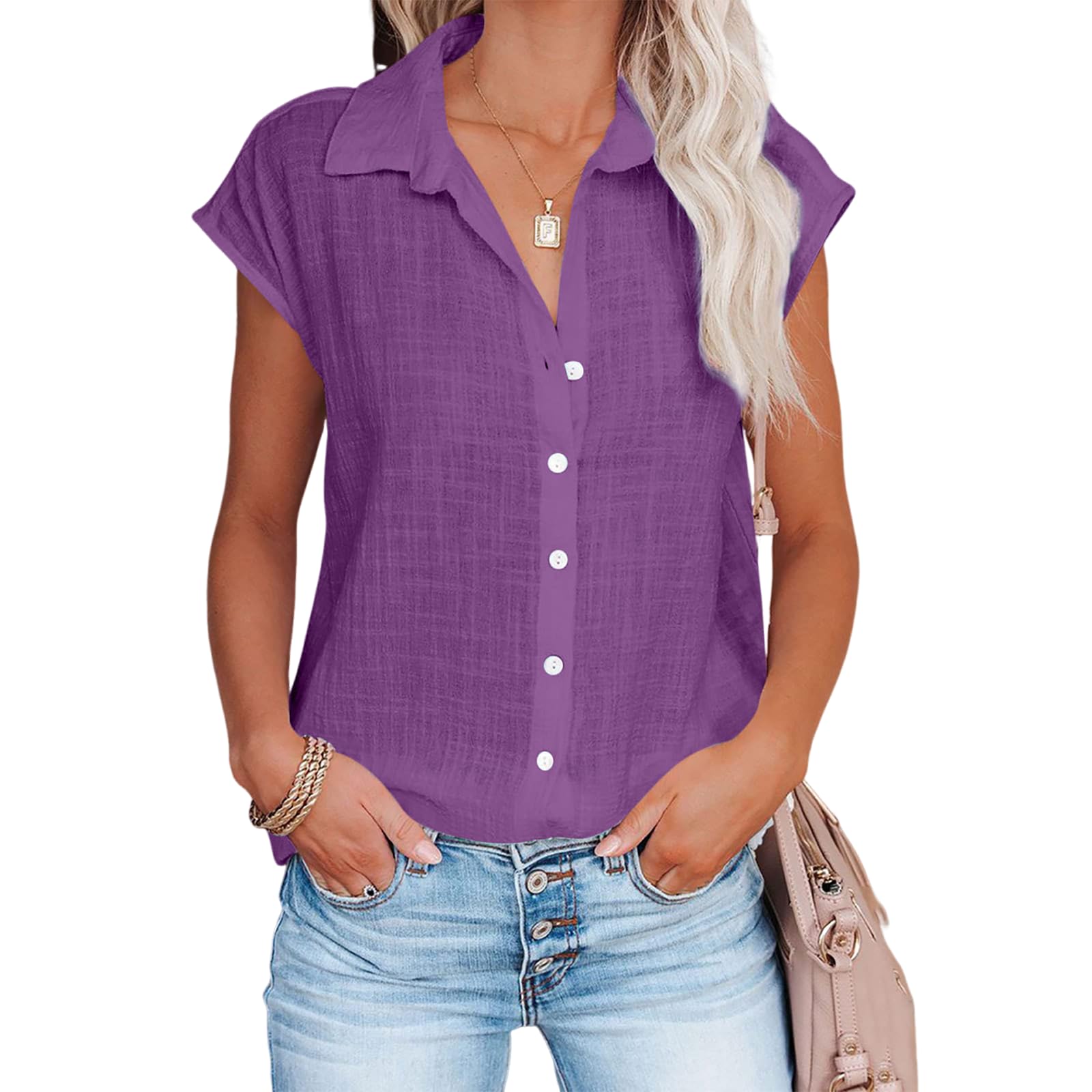 Linen Shirts for Women Cap Sleeve V Neck Collared Button Down Shirts Blouses Casual Loose Lightweight Summer Tops