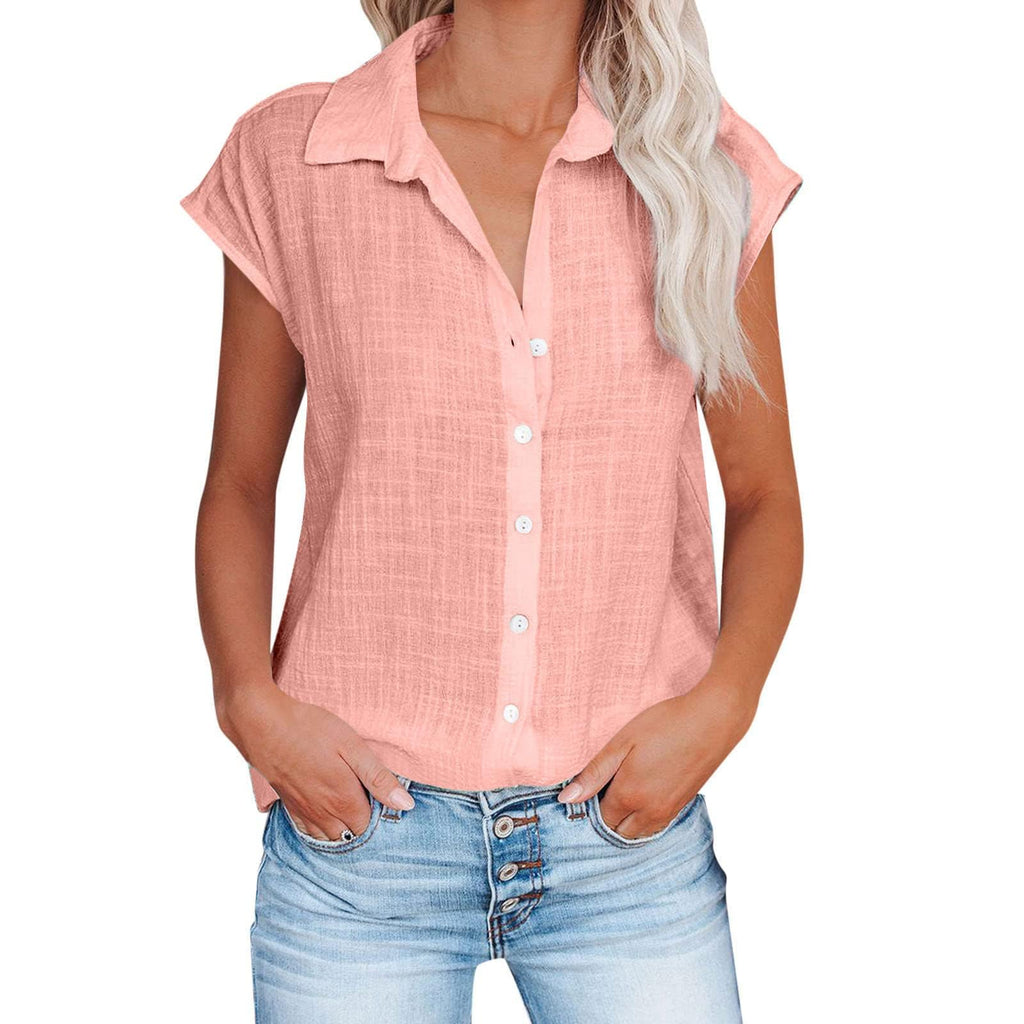 Linen Shirts for Women Cap Sleeve V Neck Collared Button Down Shirts Blouses Casual Loose Lightweight Summer Tops