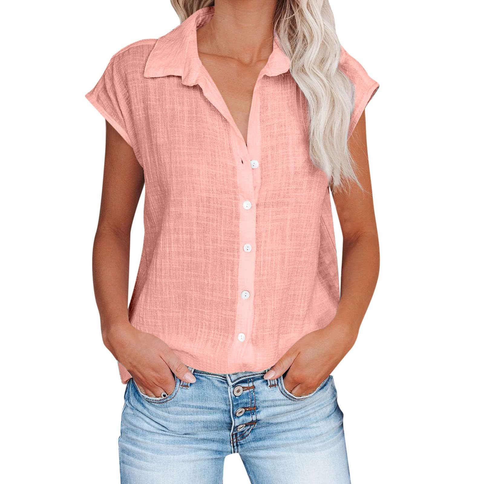 Linen Shirts for Women Cap Sleeve V Neck Collared Button Down Shirts Blouses Casual Loose Lightweight Summer Tops