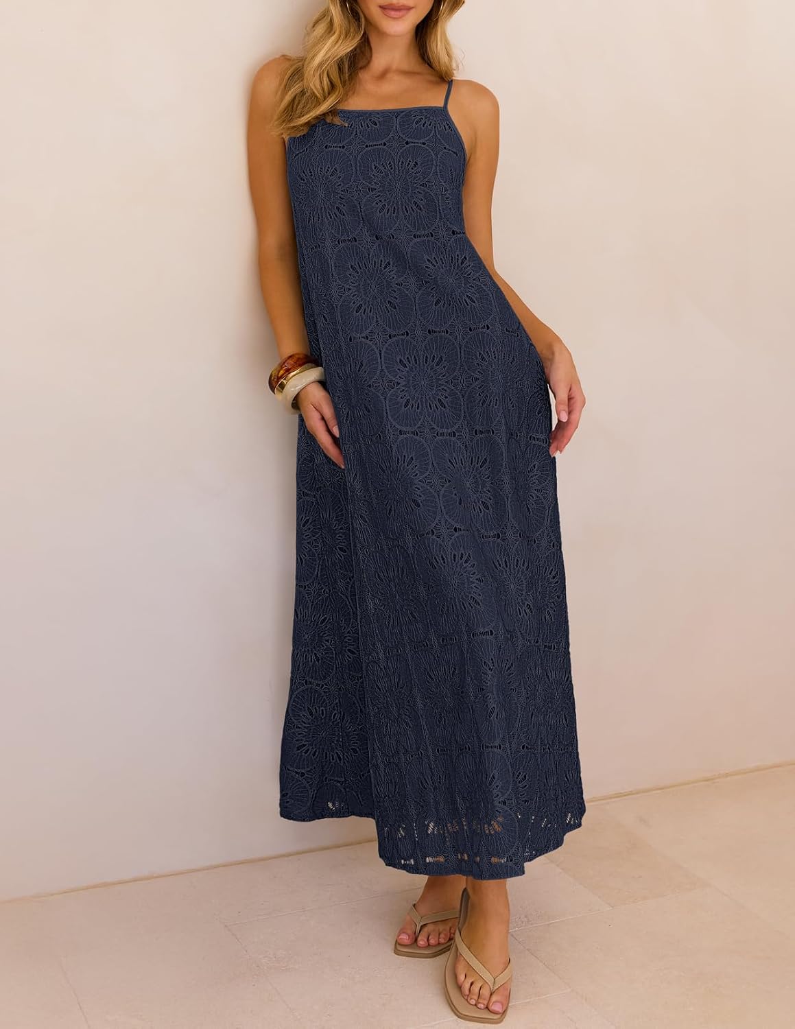 MEROKEETY Women's Summer Spaghetti Straps Sundress 2026 Casual Sleeveless Floral Lace Eyelet Boho Beach Maxi Dress