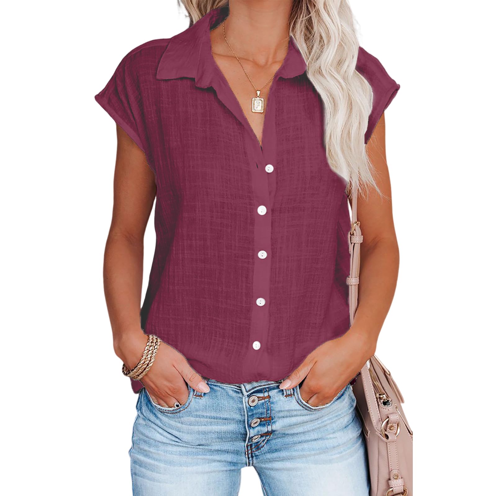 Linen Shirts for Women Cap Sleeve V Neck Collared Button Down Shirts Blouses Casual Loose Lightweight Summer Tops