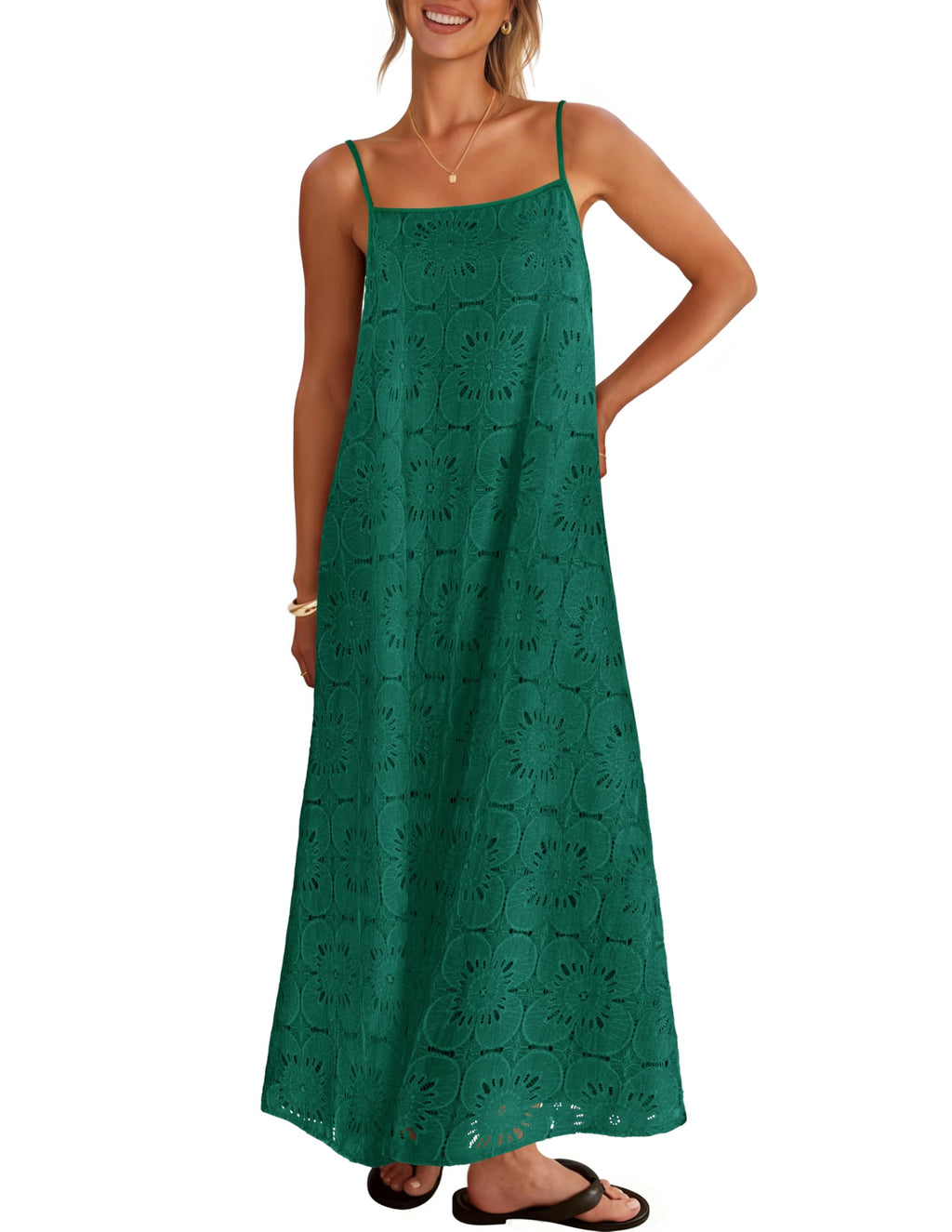 MEROKEETY Women's Summer Spaghetti Straps Sundress 2026 Casual Sleeveless Floral Lace Eyelet Boho Beach Maxi Dress