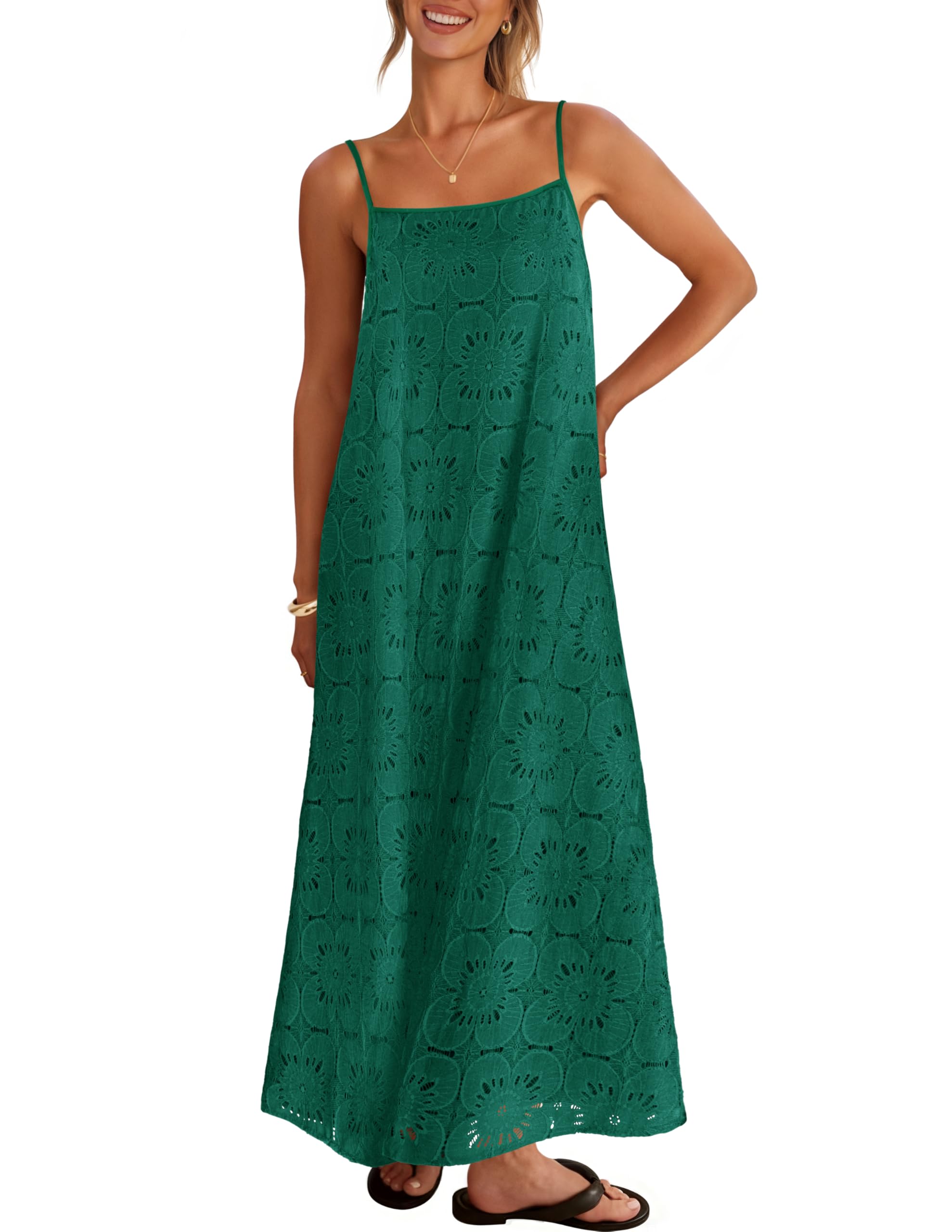 MEROKEETY Women's Summer Spaghetti Straps Sundress 2026 Casual Sleeveless Floral Lace Eyelet Boho Beach Maxi Dress