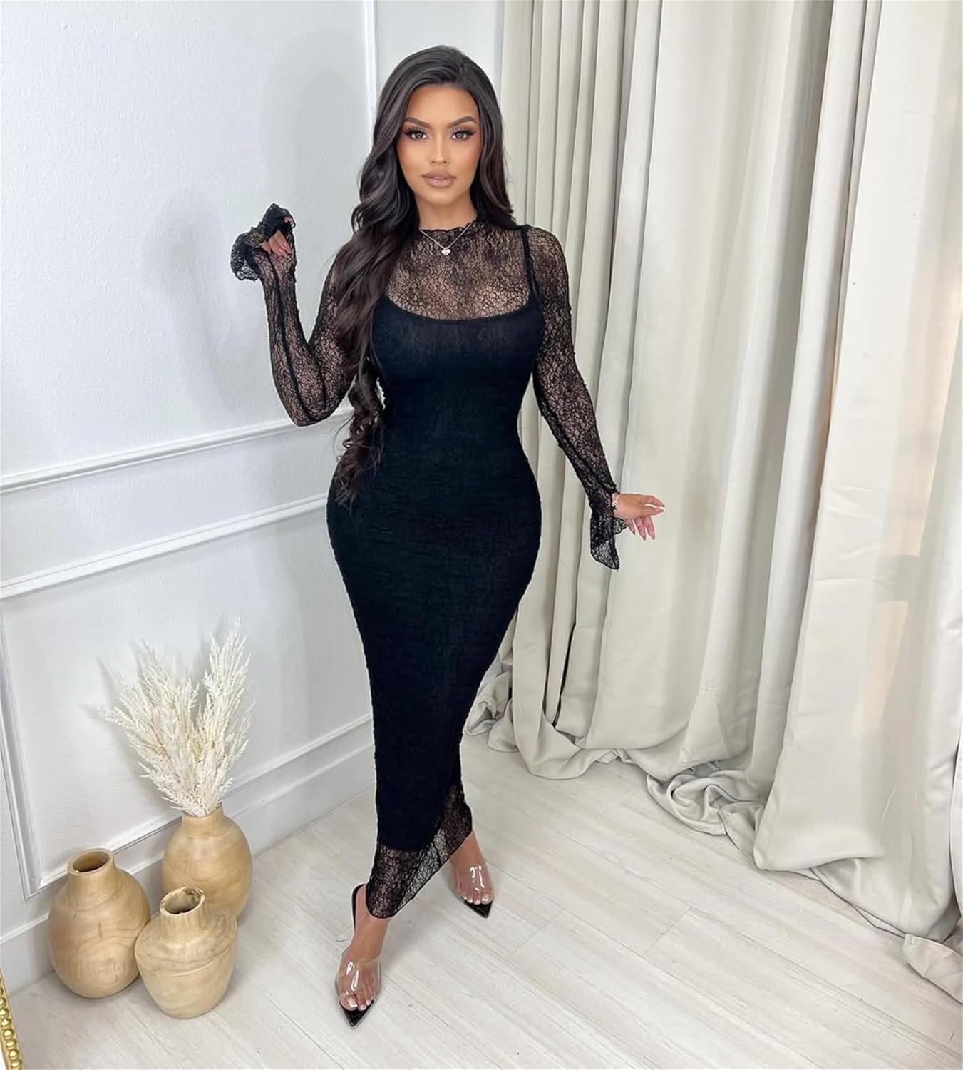 Women's Elegant Bodycon Midi Dress Lace Party Cocktail Wedding Guest Dress
