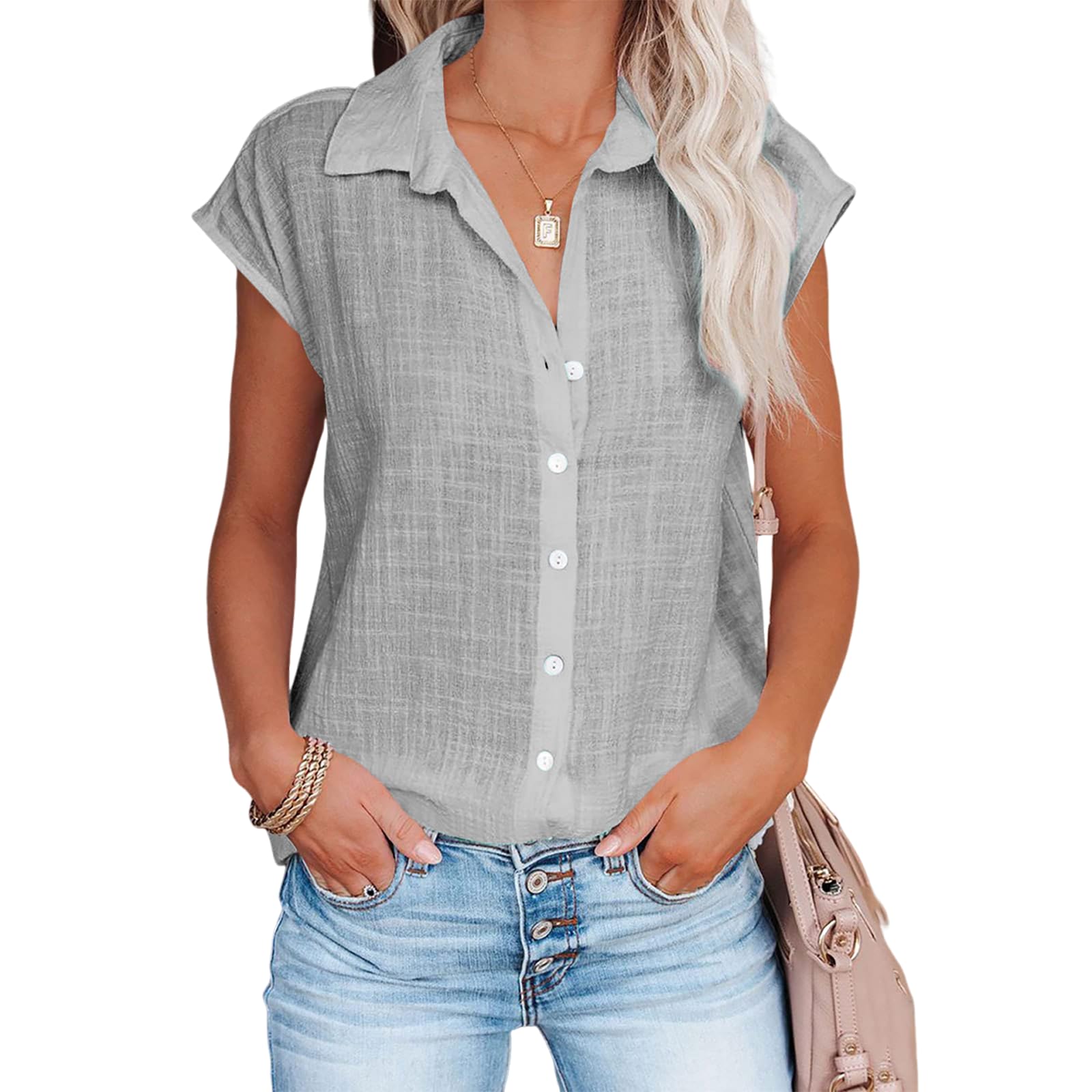 Linen Shirts for Women Cap Sleeve V Neck Collared Button Down Shirts Blouses Casual Loose Lightweight Summer Tops