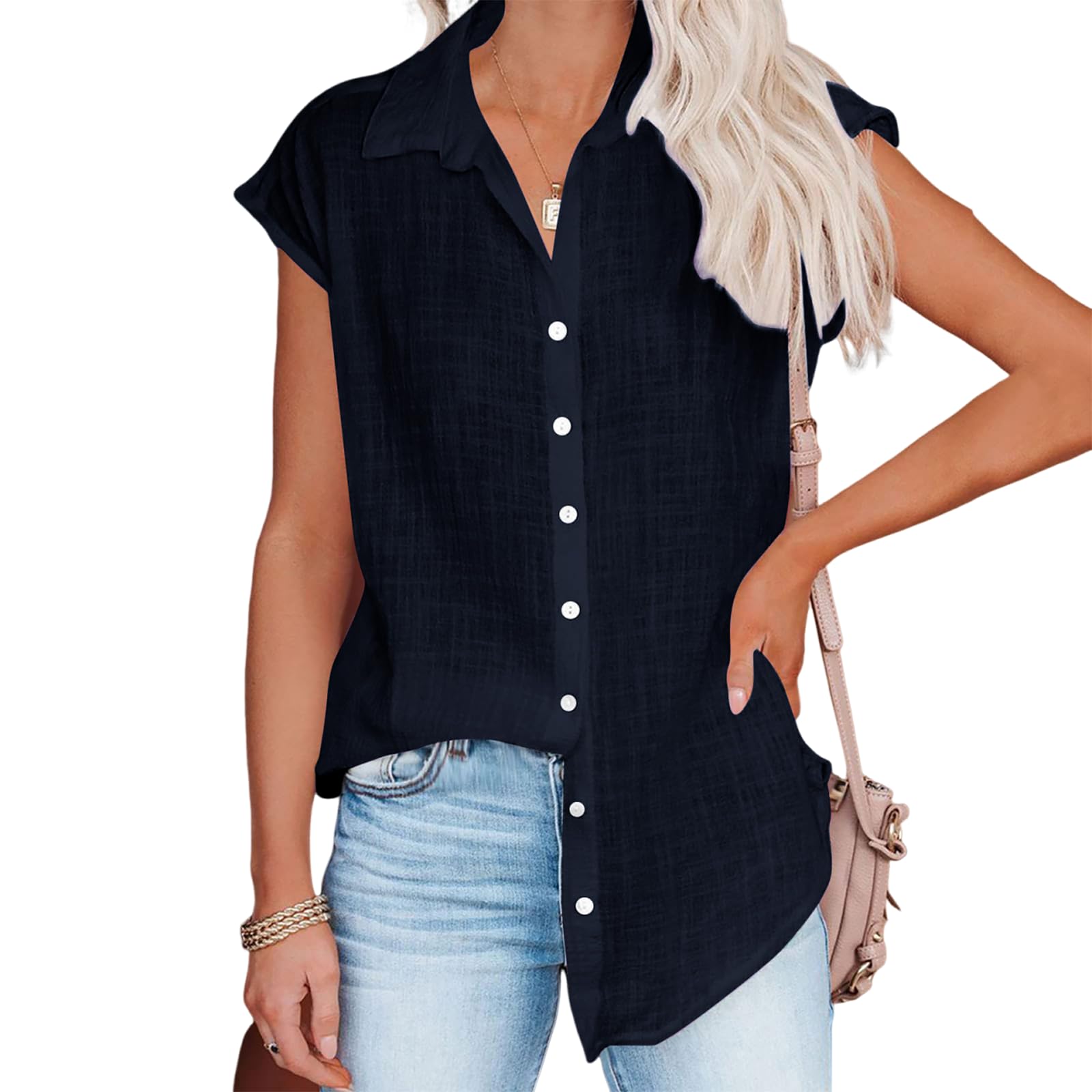 Linen Shirts for Women Cap Sleeve V Neck Collared Button Down Shirts Blouses Casual Loose Lightweight Summer Tops