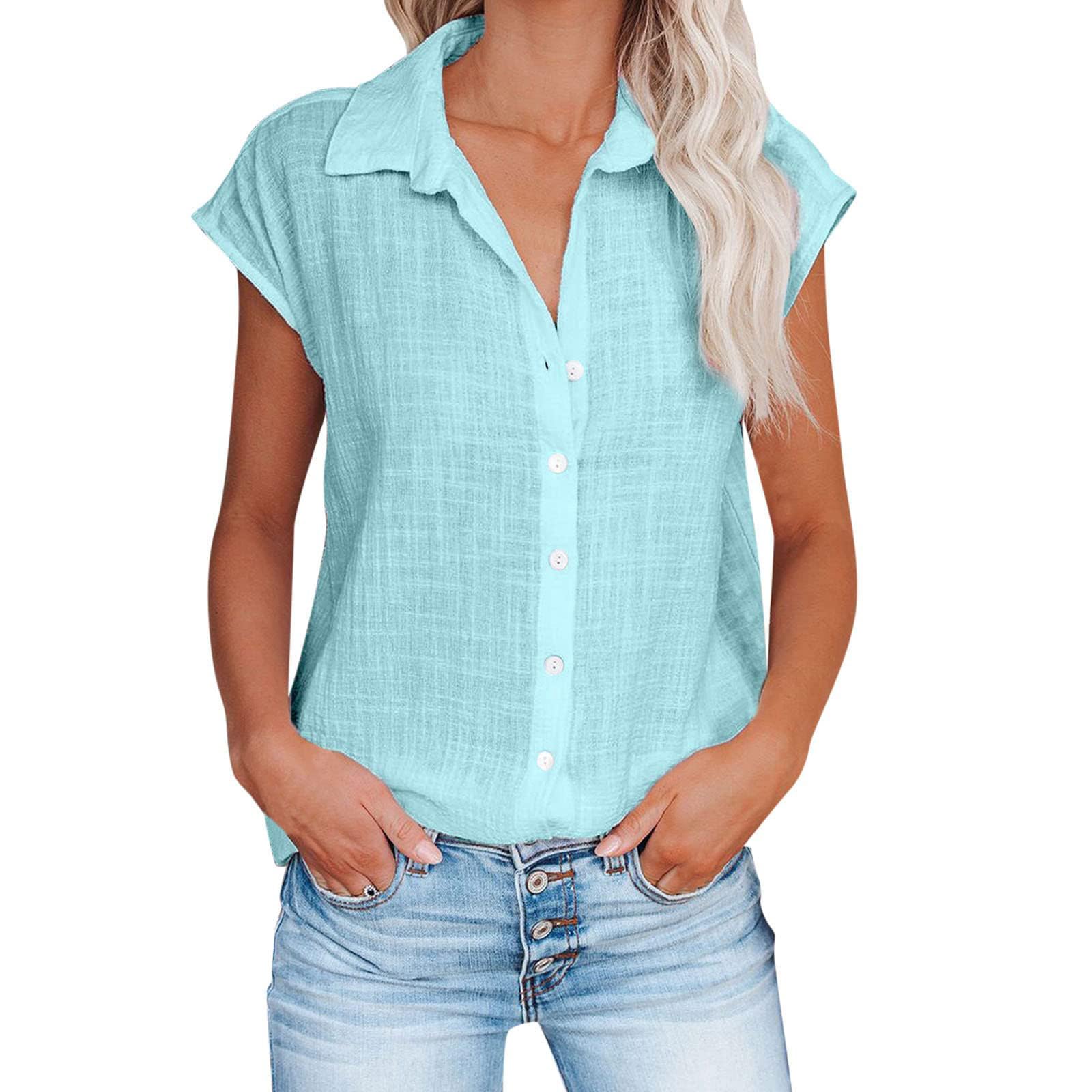 Linen Shirts for Women Cap Sleeve V Neck Collared Button Down Shirts Blouses Casual Loose Lightweight Summer Tops
