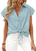PRETTYGARDEN Womens Short Sleeve Shirts Plaid Button Down Blouse Dressy Casual 2026 Summer Spring Business Gingham Work Tops