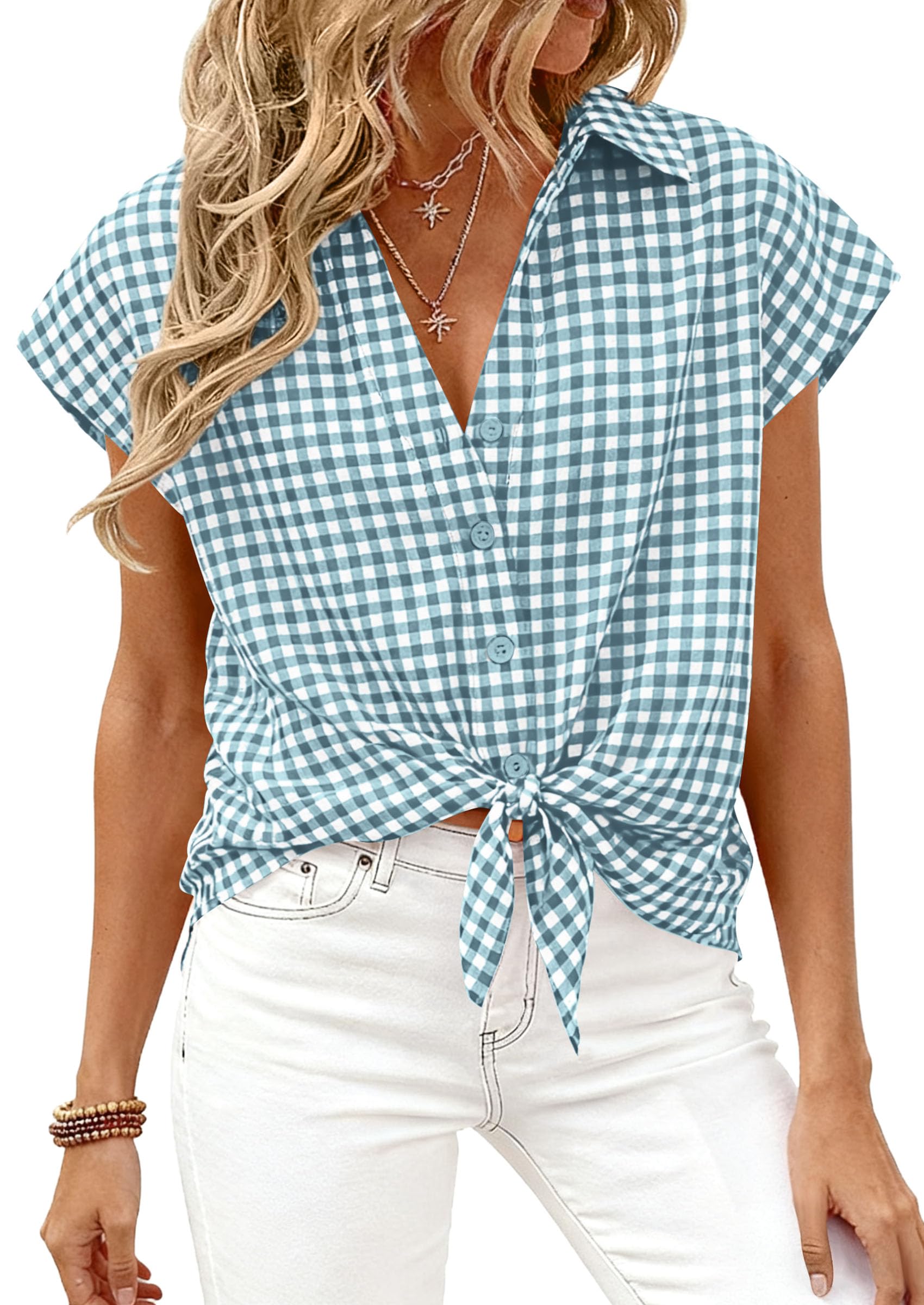 PRETTYGARDEN Womens Short Sleeve Shirts Plaid Button Down Blouse Dressy Casual 2026 Summer Spring Business Gingham Work Tops