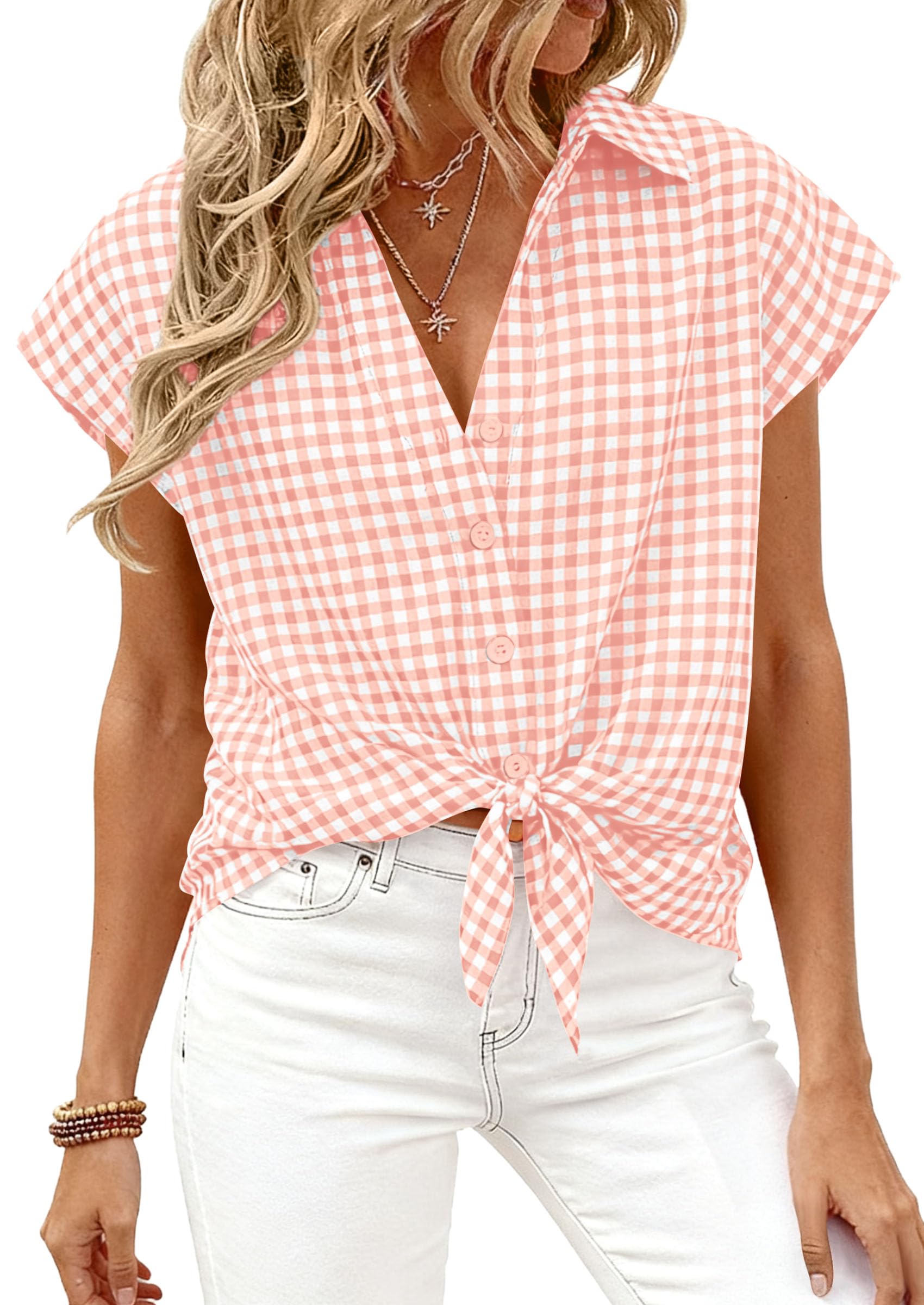 PRETTYGARDEN Womens Short Sleeve Shirts Plaid Button Down Blouse Dressy Casual 2026 Summer Spring Business Gingham Work Tops
