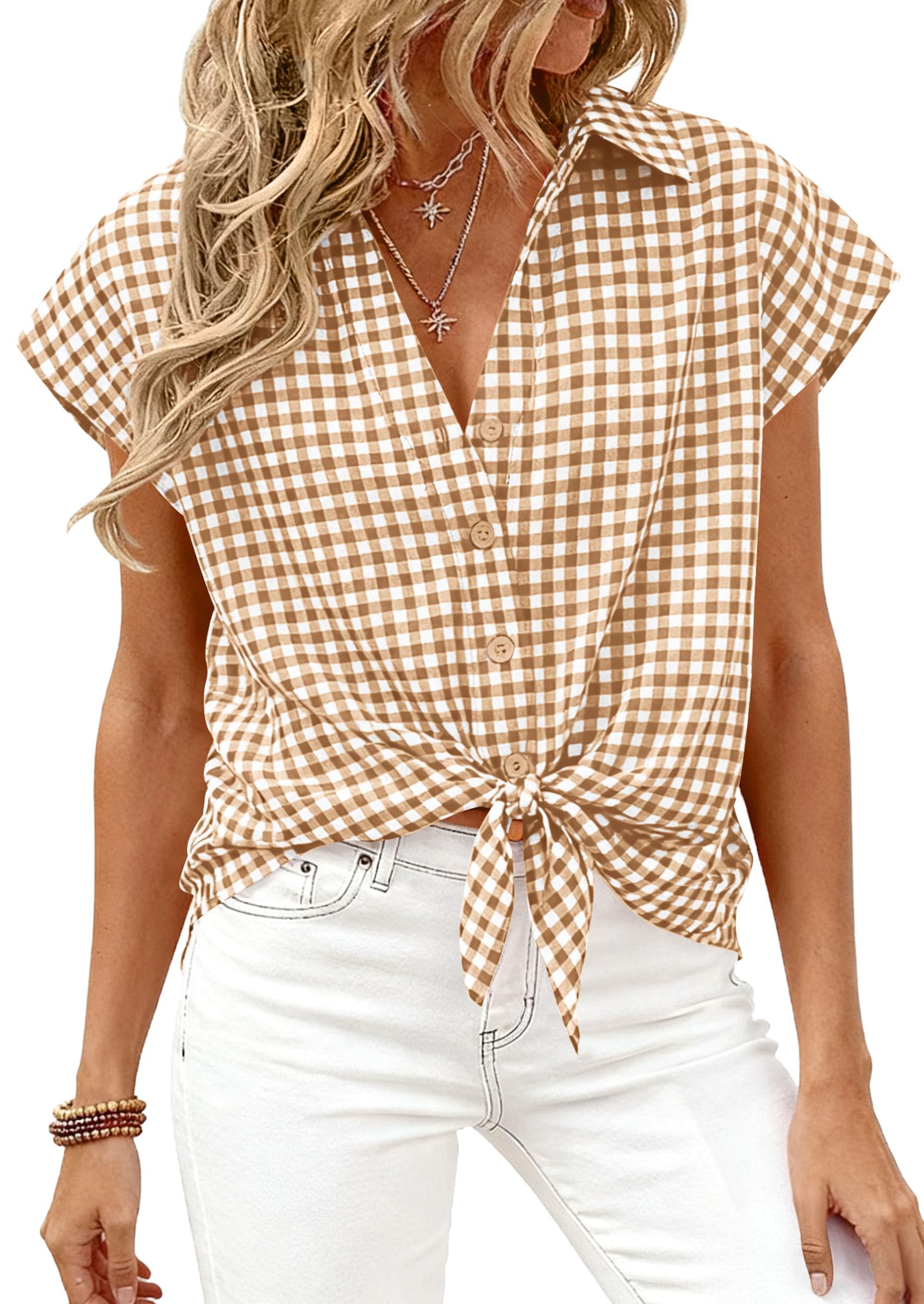 PRETTYGARDEN Womens Short Sleeve Shirts Plaid Button Down Blouse Dressy Casual 2026 Summer Spring Business Gingham Work Tops