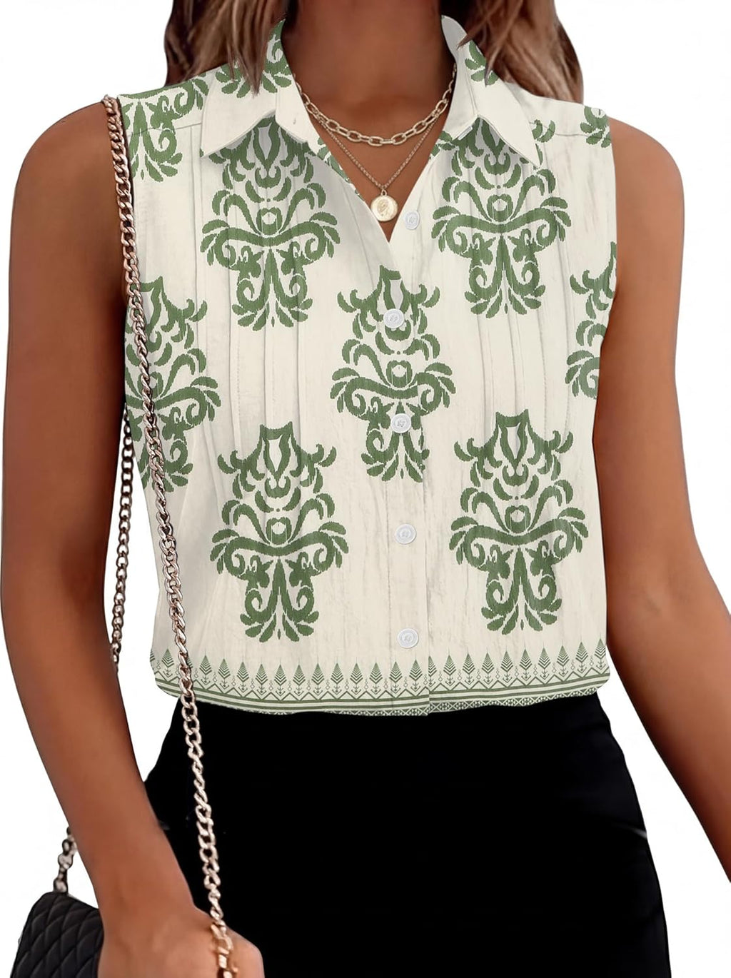 LOMON Women’s Summer Sleeveless Button Down Shirt Office Collared Blouses with Pleated Front Casual Basic Tank Tops
