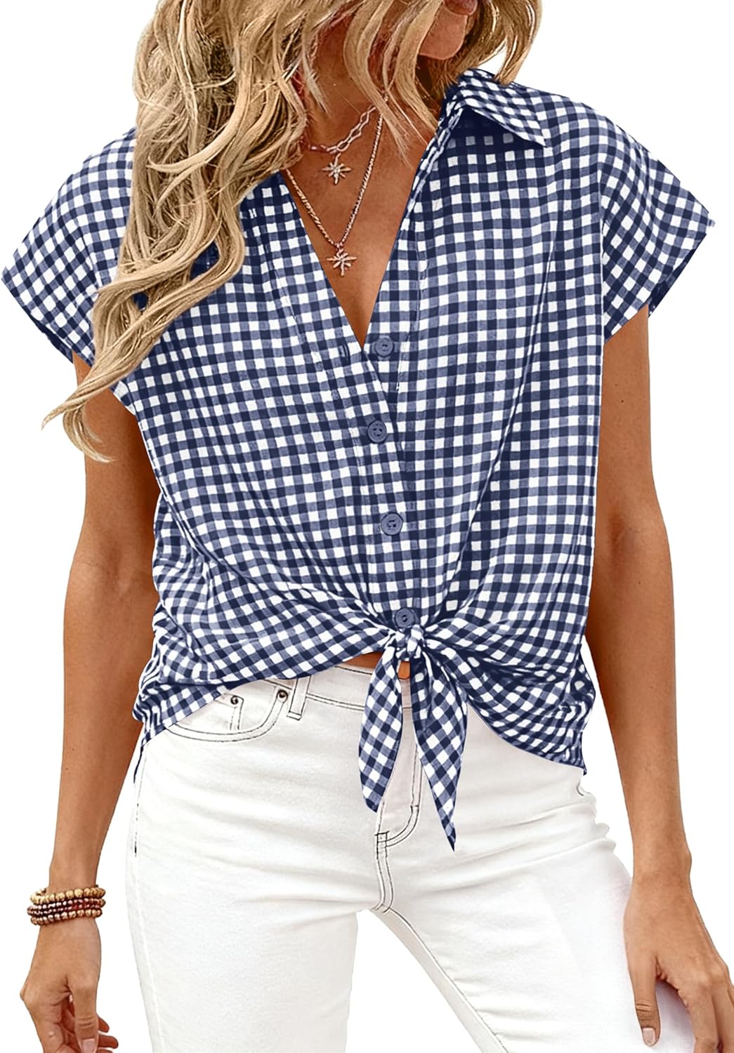 PRETTYGARDEN Womens Short Sleeve Shirts Plaid Button Down Blouse Dressy Casual 2026 Summer Spring Business Gingham Work Tops
