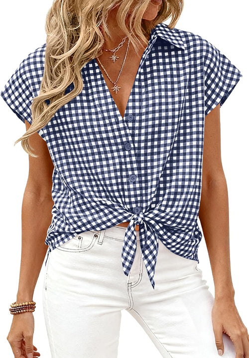 PRETTYGARDEN Womens Short Sleeve Shirts Plaid Button Down Blouse Dressy Casual 2026 Summer Spring Business Gingham Work Tops