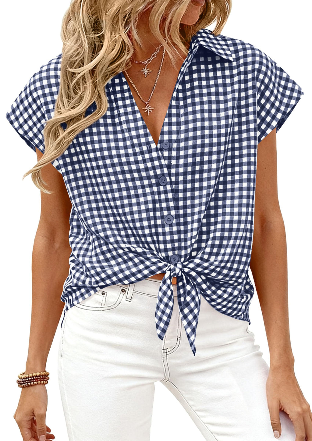 PRETTYGARDEN Womens Short Sleeve Shirts Plaid Button Down Blouse Dressy Casual 2026 Summer Spring Business Gingham Work Tops