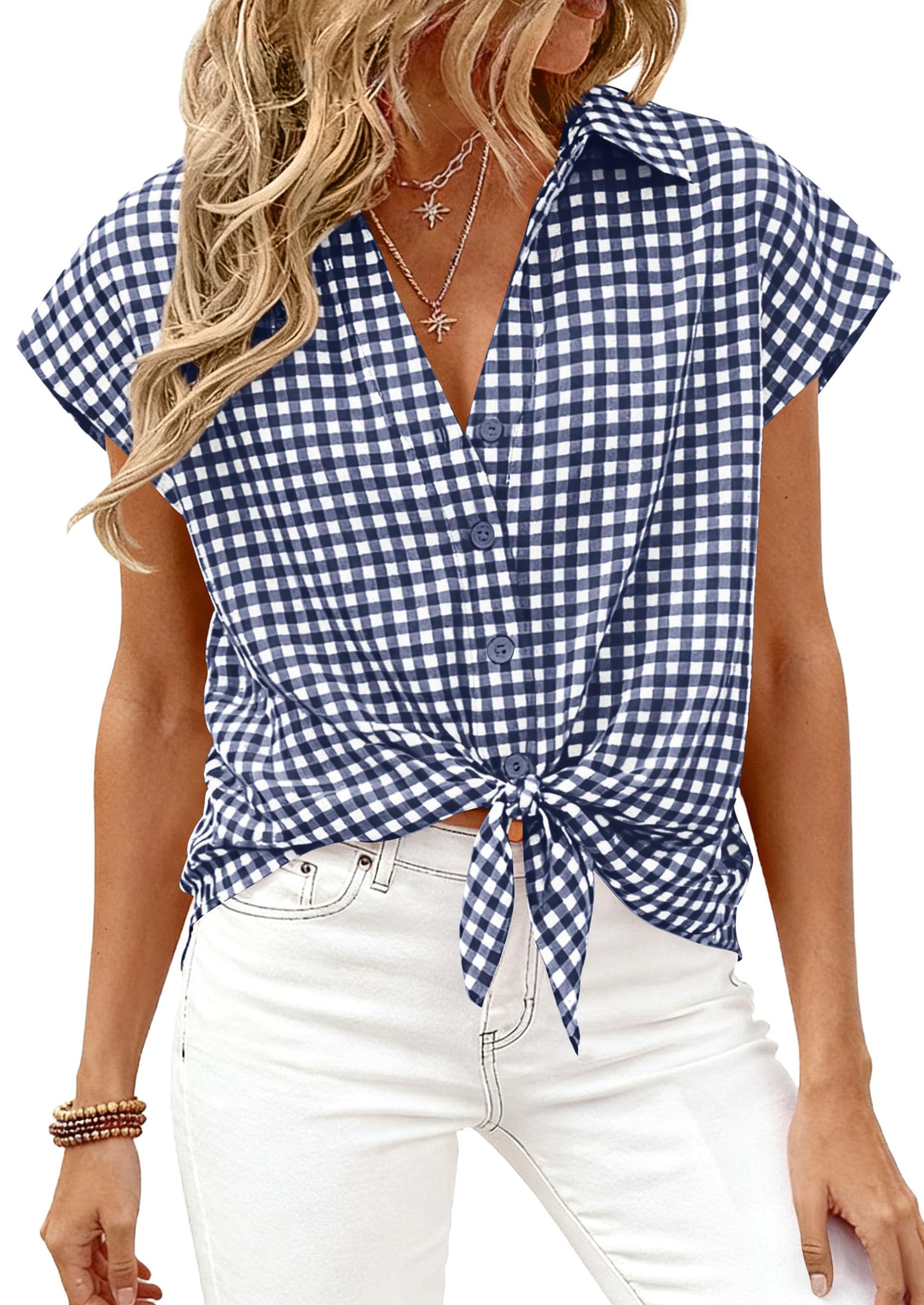 PRETTYGARDEN Womens Short Sleeve Shirts Plaid Button Down Blouse Dressy Casual 2026 Summer Spring Business Gingham Work Tops
