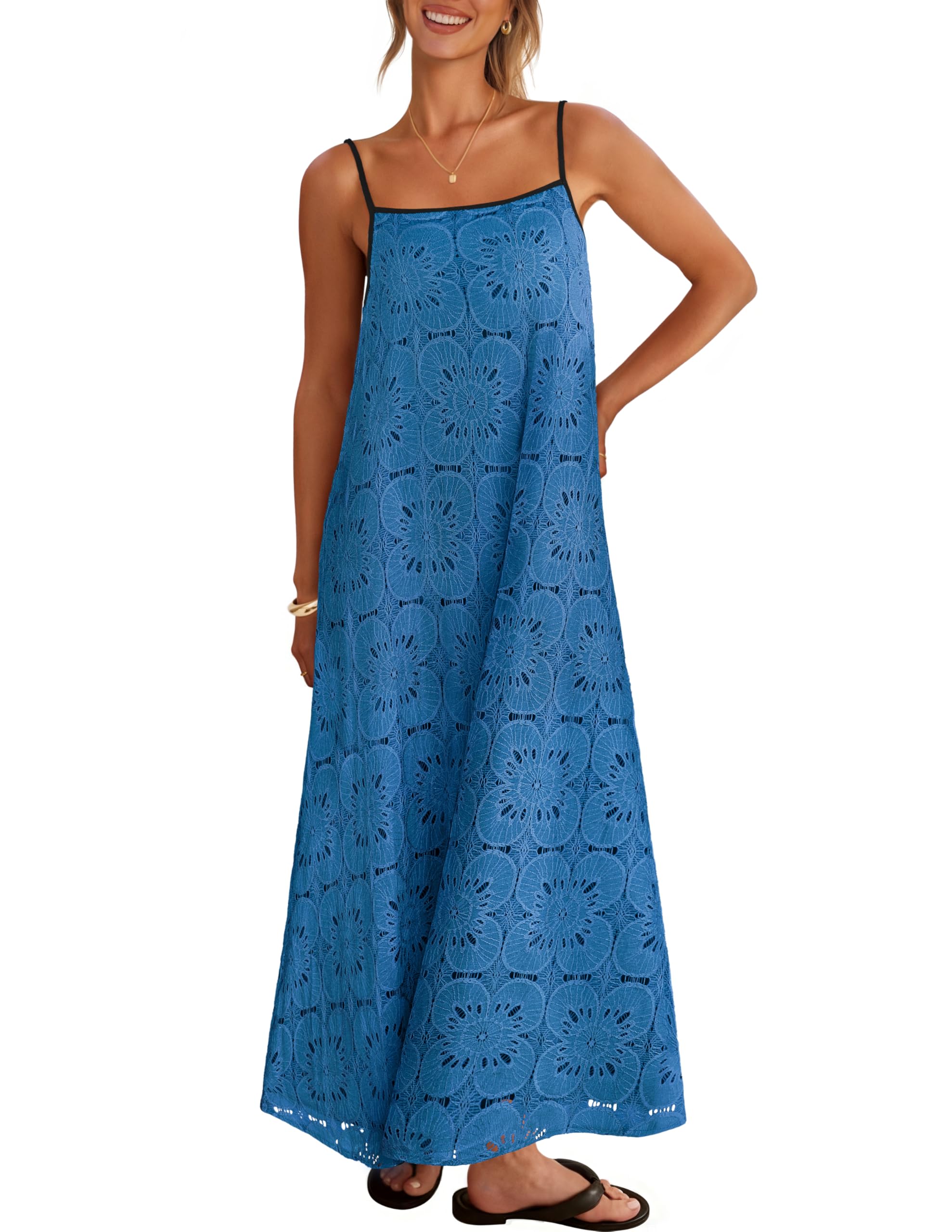 MEROKEETY Women's Summer Spaghetti Straps Sundress 2026 Casual Sleeveless Floral Lace Eyelet Boho Beach Maxi Dress