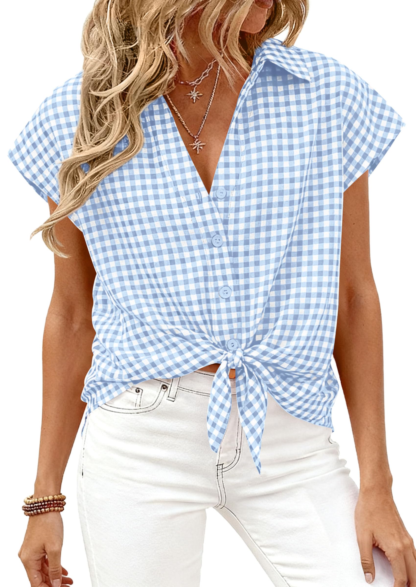 PRETTYGARDEN Womens Short Sleeve Shirts Plaid Button Down Blouse Dressy Casual 2026 Summer Spring Business Gingham Work Tops