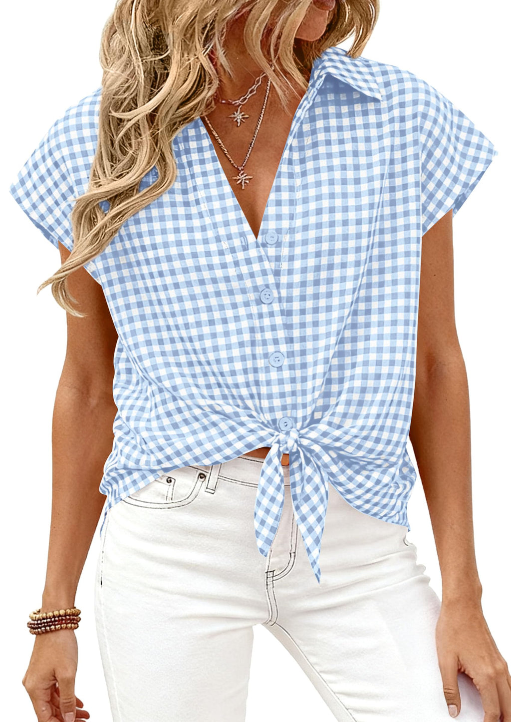 PRETTYGARDEN Womens Short Sleeve Shirts Plaid Button Down Blouse Dressy Casual 2026 Summer Spring Business Gingham Work Tops