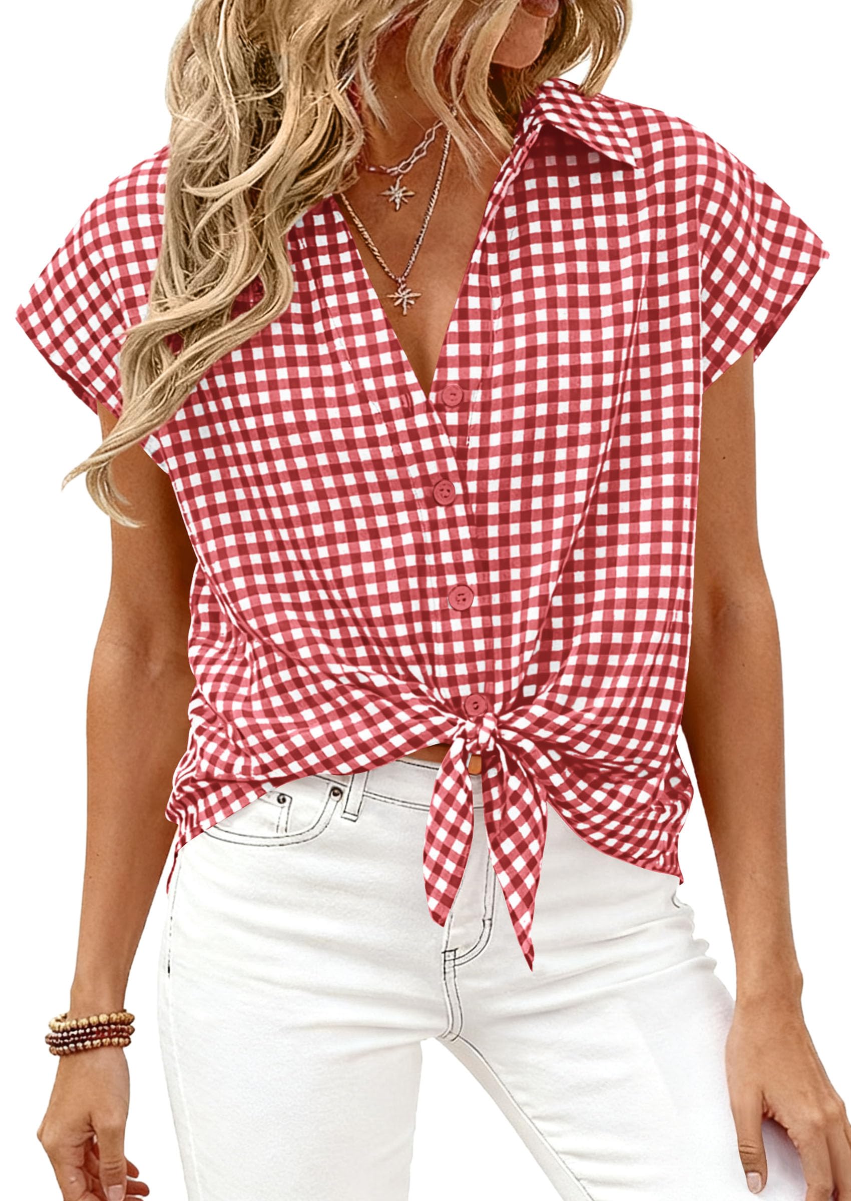PRETTYGARDEN Womens Short Sleeve Shirts Plaid Button Down Blouse Dressy Casual 2026 Summer Spring Business Gingham Work Tops