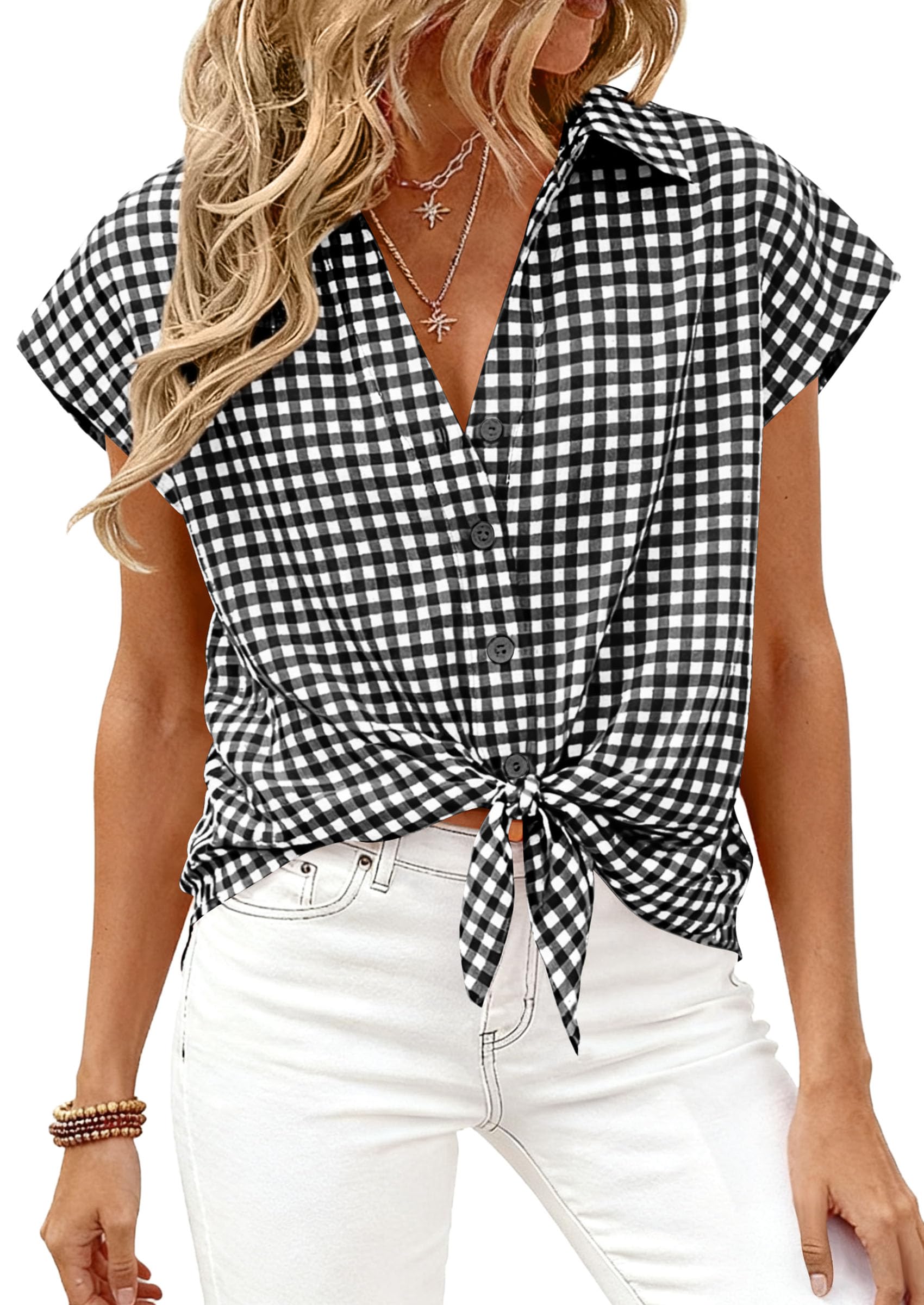 PRETTYGARDEN Womens Short Sleeve Shirts Plaid Button Down Blouse Dressy Casual 2026 Summer Spring Business Gingham Work Tops