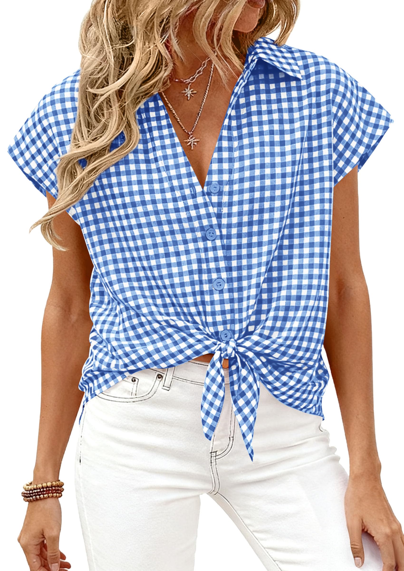 PRETTYGARDEN Womens Short Sleeve Shirts Plaid Button Down Blouse Dressy Casual 2026 Summer Spring Business Gingham Work Tops